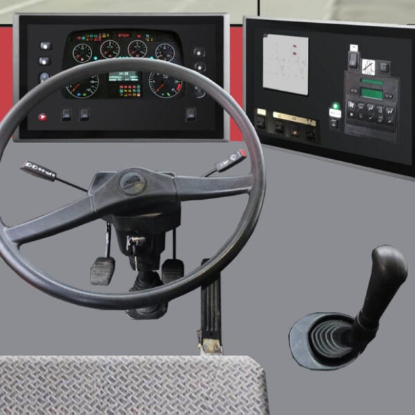 Схематичне зображення кабіни водіяз тач-панелями та змінними блоками основних органів керування Схематичне зображення кабіни з тач-панелями та змінними блоками основних органів керування